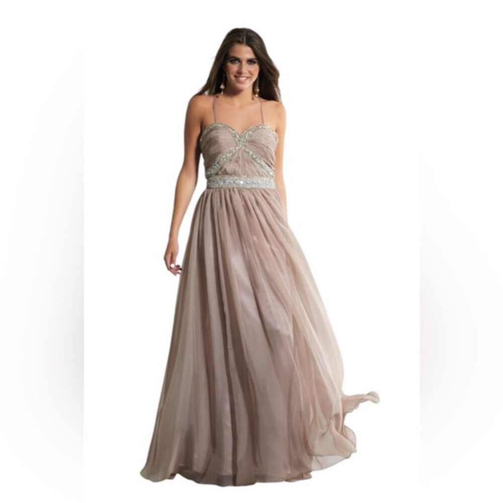 DAVE & JOHNNY Girls Taupe Prom Dress Gown 10646 Beaded Sweetheart Neckline 3/4